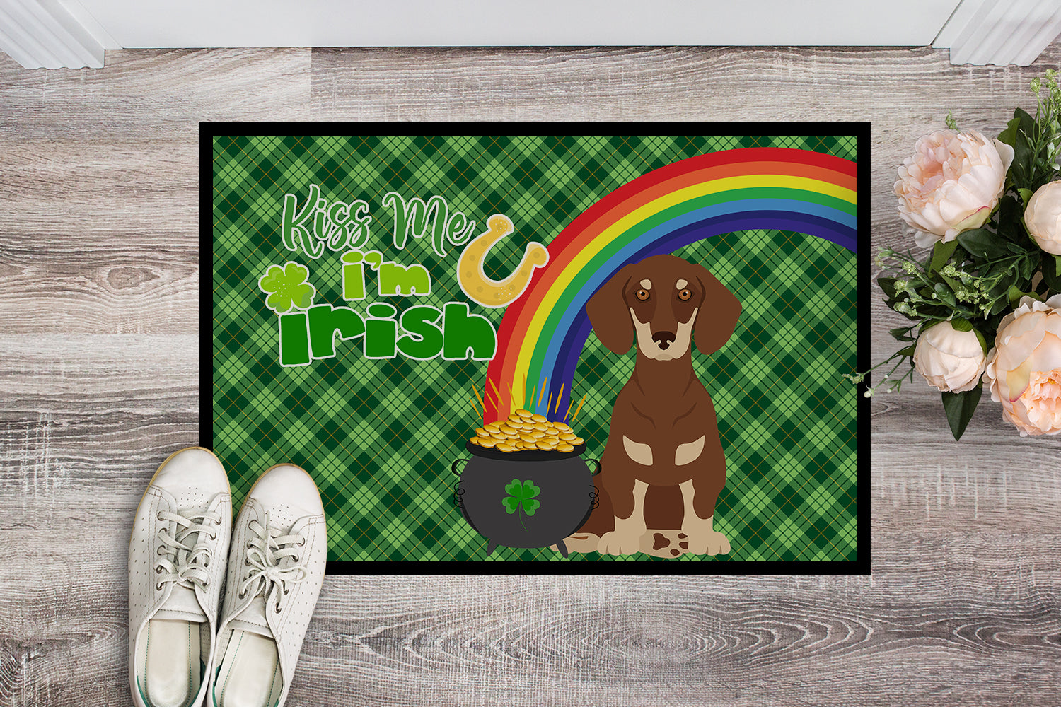 Chocolate and Cream Dachshund St. Patrick's Day Indoor or Outdoor Mat 24x36 - the-store.com