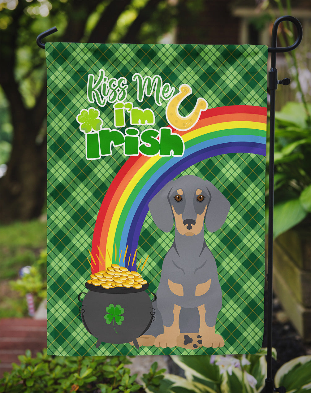 Blue and Tan Dachshund St. Patrick's Day Flag Garden Size  the-store.com.