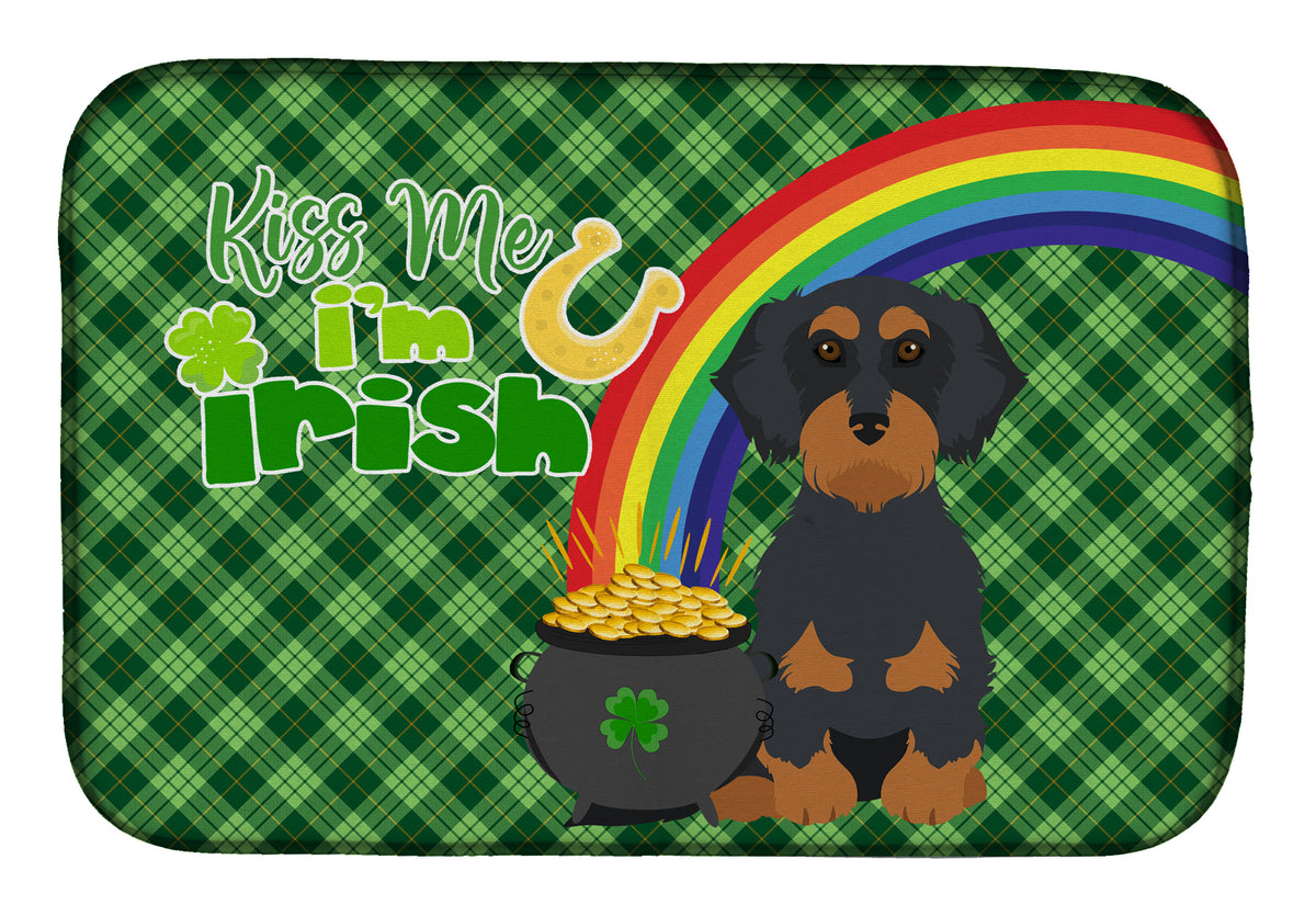 Wirehair Black and Tan Dachshund St. Patrick&#39;s Day Dish Drying Mat  the-store.com.