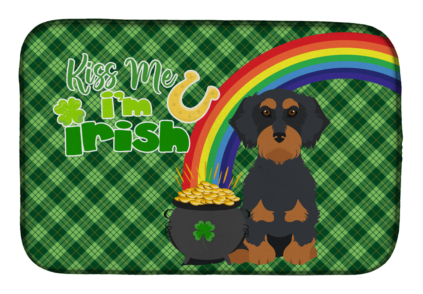 Wirehair Black and Tan Dachshund St. Patrick's Day Dish Drying Mat  the-store.com.