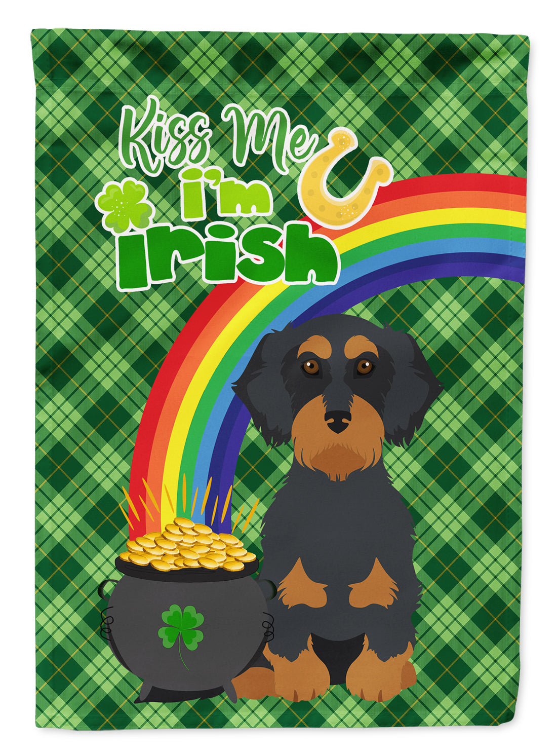 Wirehair Black and Tan Dachshund St. Patrick&#39;s Day Flag Garden Size