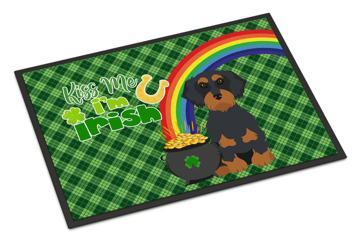 Buy this Wirehair Black and Tan Dachshund St. Patrick&#39;s Day Indoor or Outdoor Mat 24x36