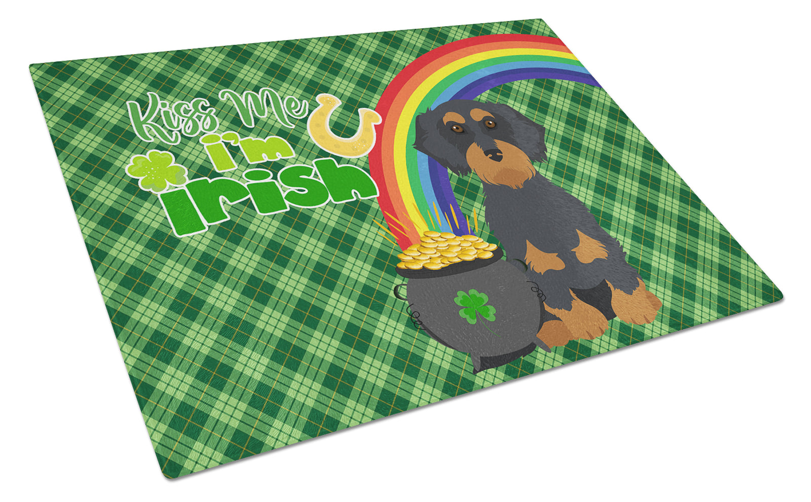 Buy this Wirehair Black and Tan Dachshund St. Patrick's Day Glass Cutting Board Large