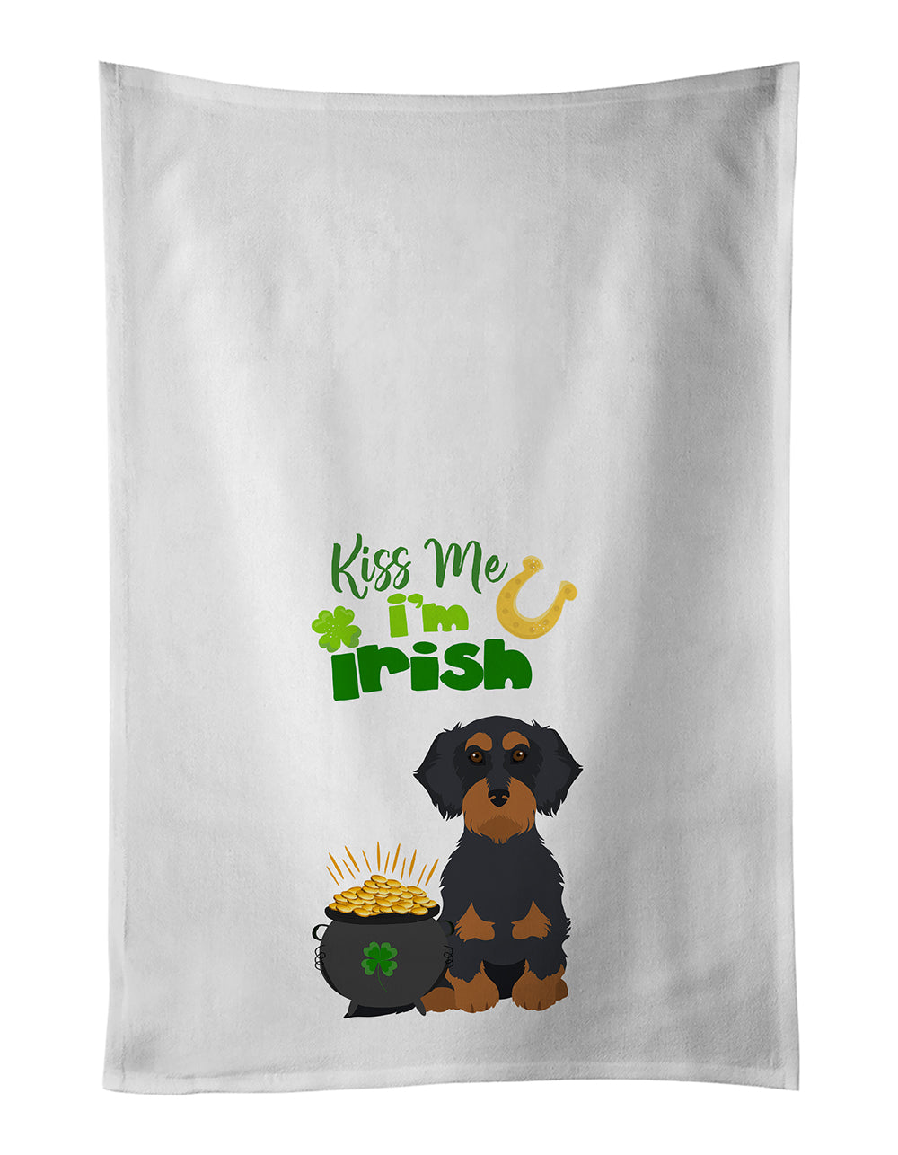 Buy this Wirehair Black and Tan Dachshund St. Patrick&#39;s Day White Kitchen Towel Set of 2 Dish Towels