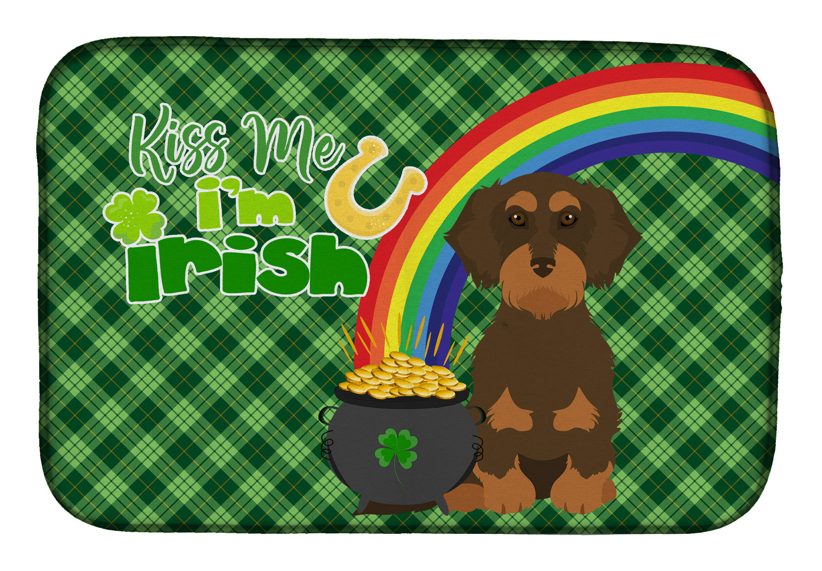 Wirehair Chocolate and Tan Dachshund St. Patrick's Day Dish Drying Mat  the-store.com.