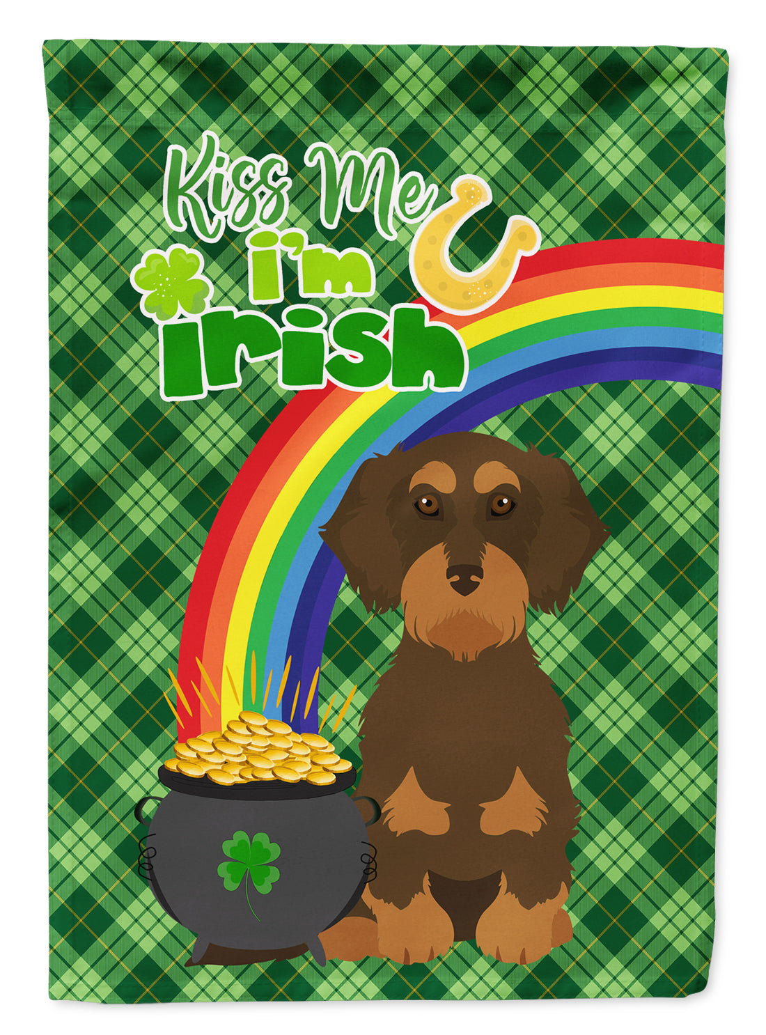 Wirehair Chocolate and Tan Dachshund St. Patrick&#39;s Day Flag Garden Size