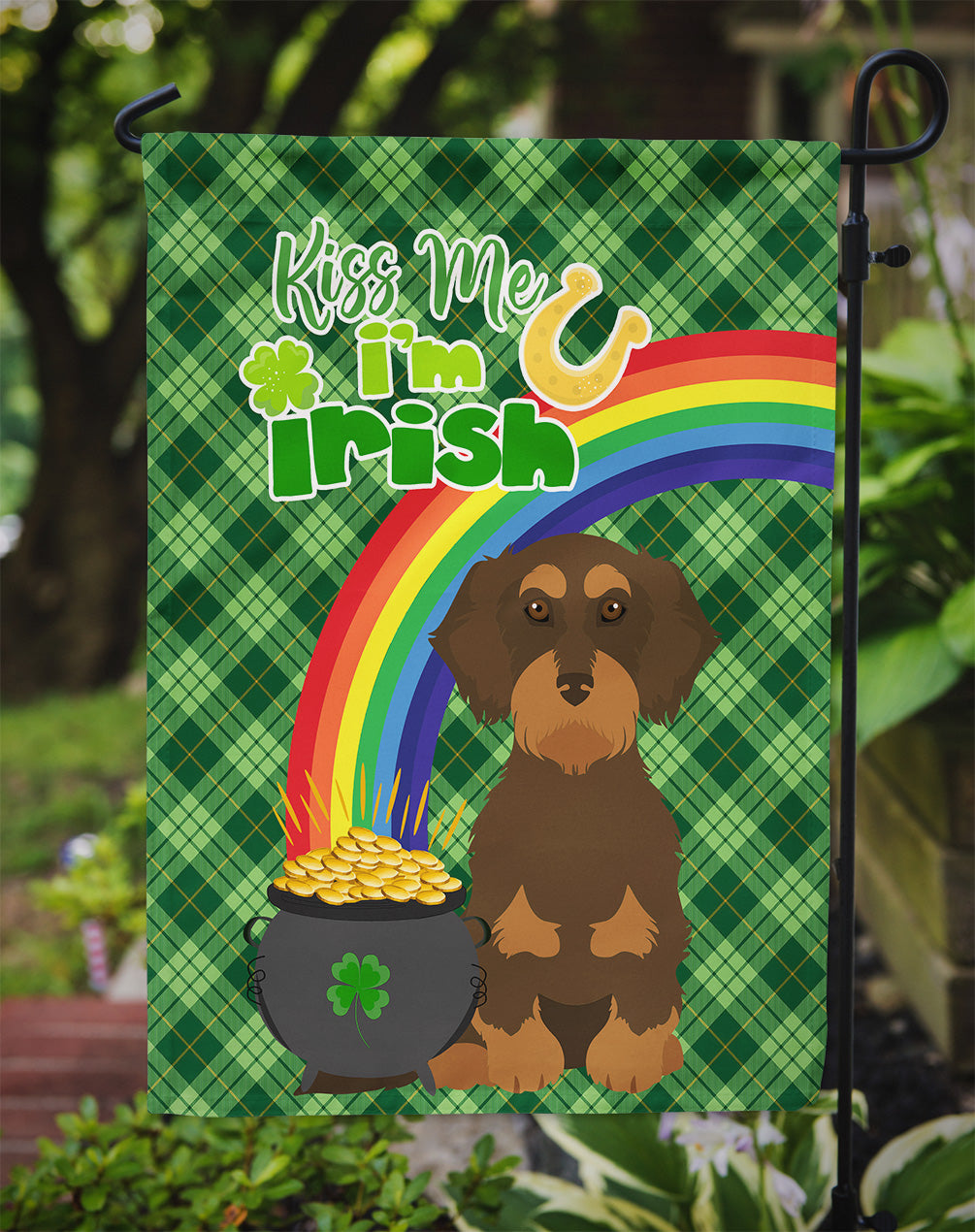 Wirehair Chocolate and Tan Dachshund St. Patrick's Day Flag Garden Size