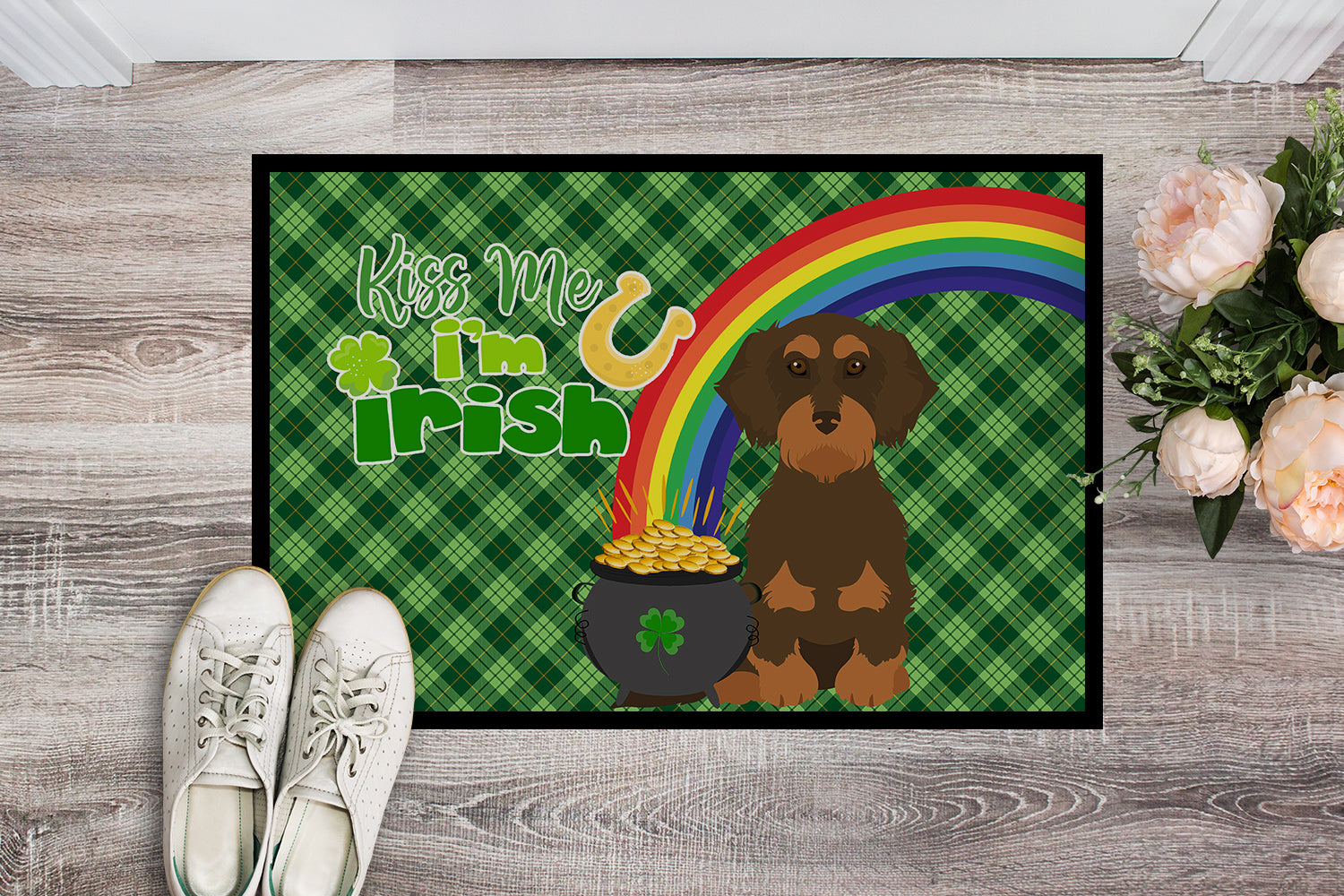 Wirehair Chocolate and Tan Dachshund St. Patrick's Day Indoor or Outdoor Mat 24x36 - the-store.com
