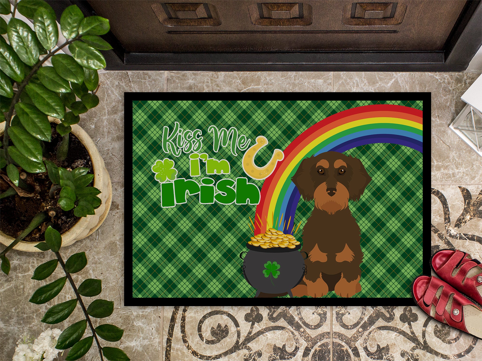Wirehair Chocolate and Tan Dachshund St. Patrick's Day Indoor or Outdoor Mat 24x36 - the-store.com