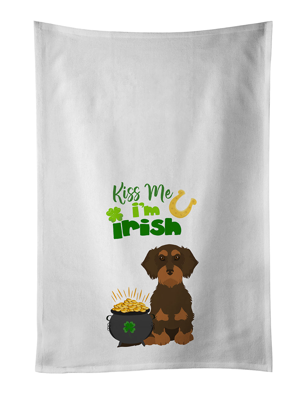 Buy this Wirehair Chocolate and Tan Dachshund St. Patrick&#39;s Day White Kitchen Towel Set of 2 Dish Towels