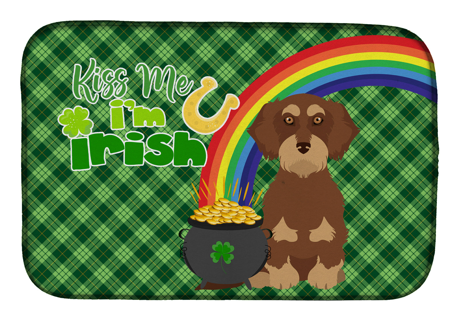 Wirehair Red and Tan Dachshund St. Patrick's Day Dish Drying Mat