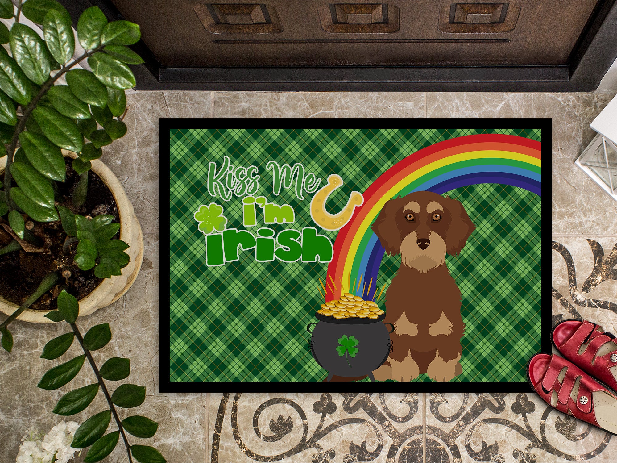 Wirehair Red and Tan Dachshund St. Patrick's Day Indoor or Outdoor Mat 24x36 - the-store.com