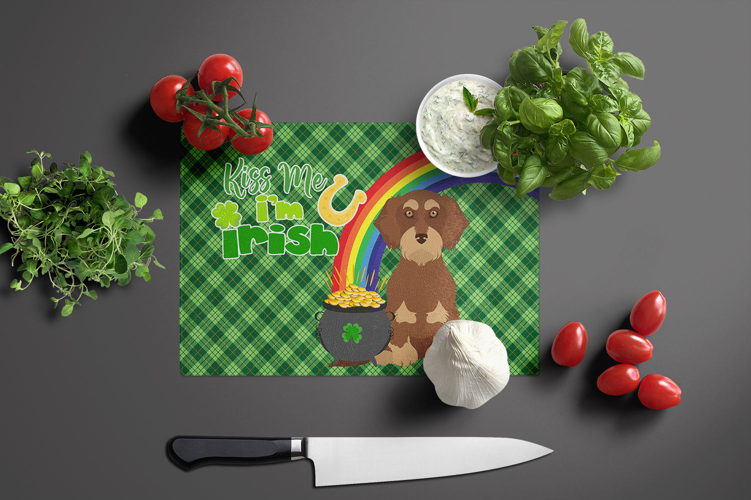 Wirehair Red and Tan Dachshund St. Patrick's Day Glass Cutting Board Large - the-store.com