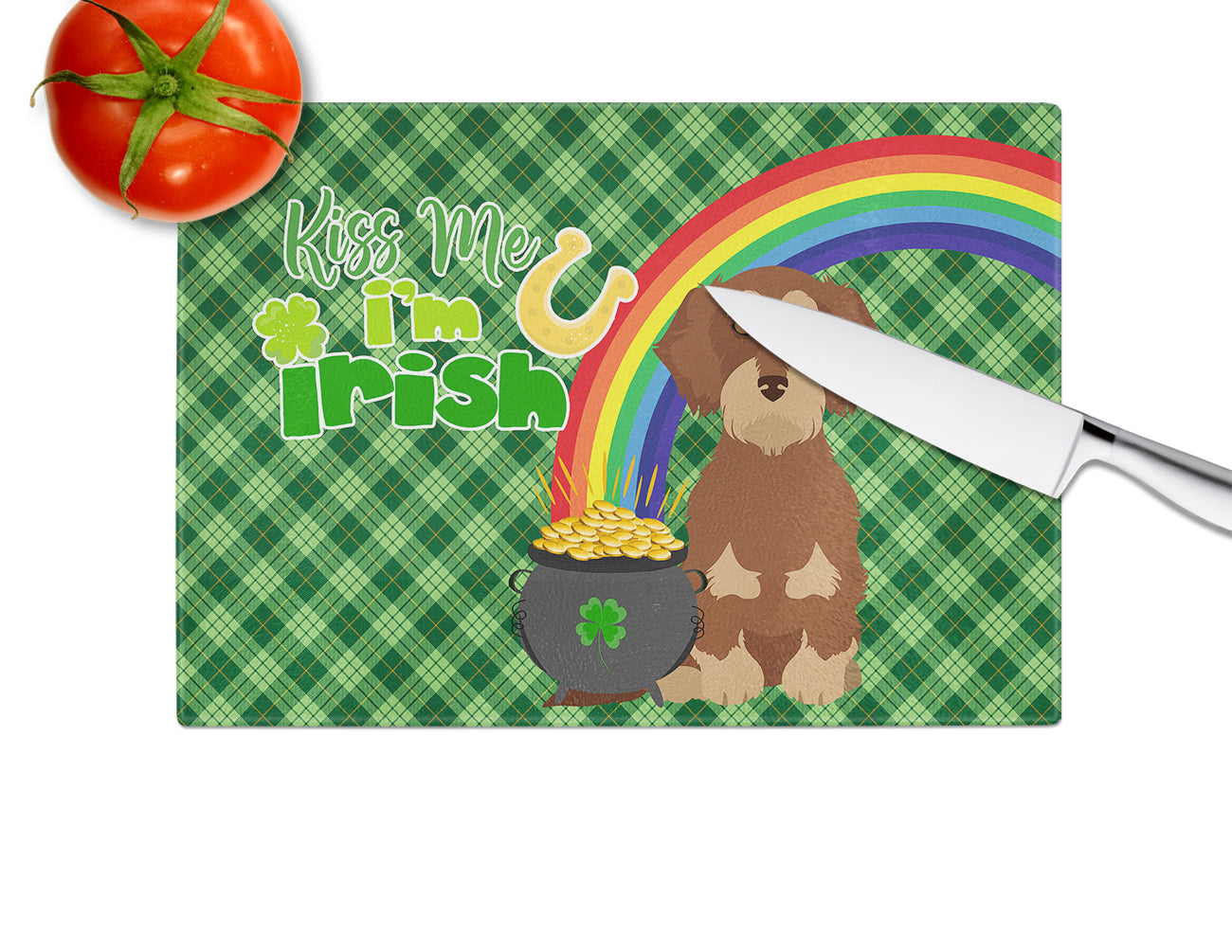 Wirehair Red and Tan Dachshund St. Patrick's Day Glass Cutting Board Large - the-store.com