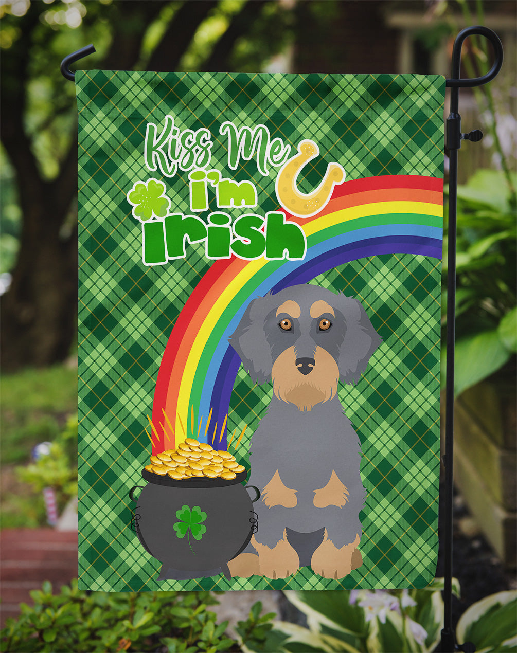 Wirehair Blue and Tan Dachshund St. Patrick's Day Flag Garden Size  the-store.com.