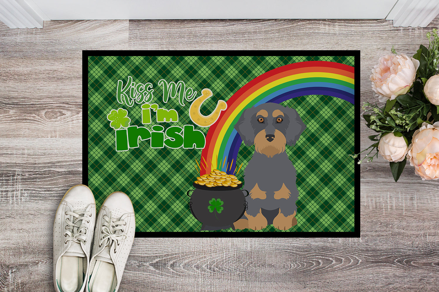 Wirehair Blue and Tan Dachshund St. Patrick's Day Indoor or Outdoor Mat 24x36 - the-store.com