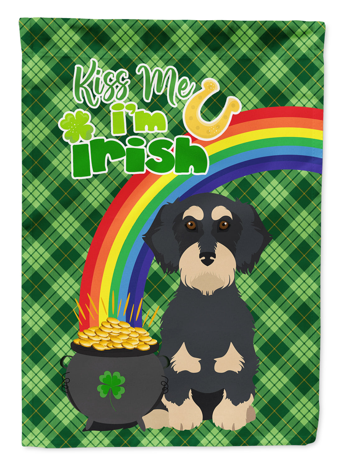 Wirehair Black and Cream Dachshund St. Patrick's Day Flag Garden Size  the-store.com.