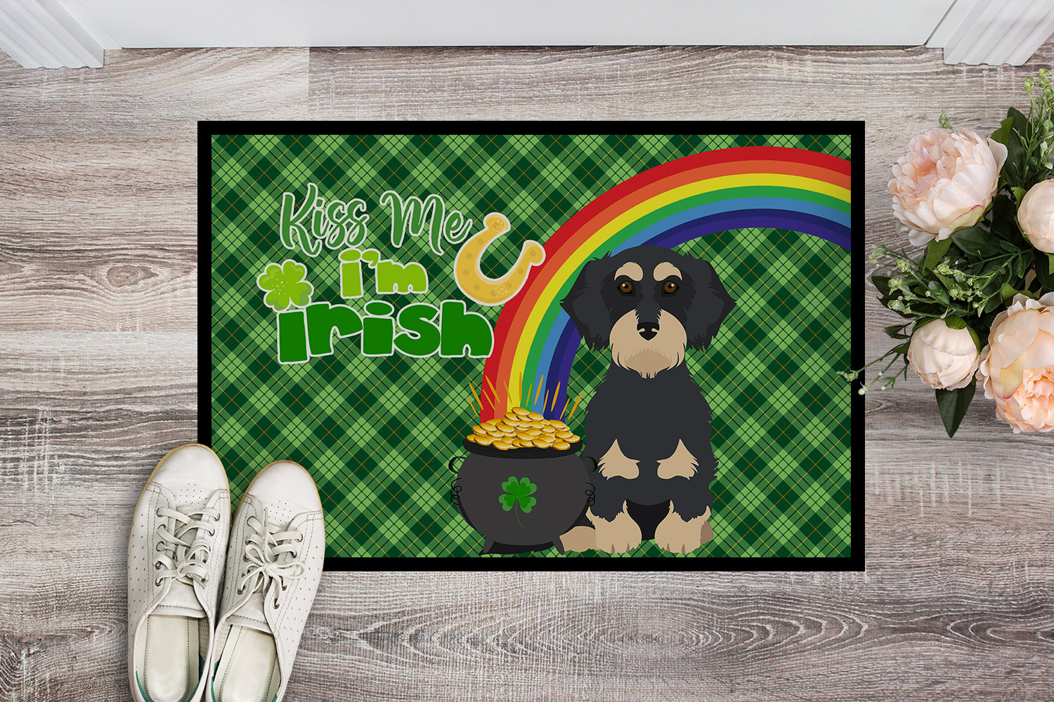 Buy this Wirehair Black and Cream Dachshund St. Patrick's Day Indoor or Outdoor Mat 24x36