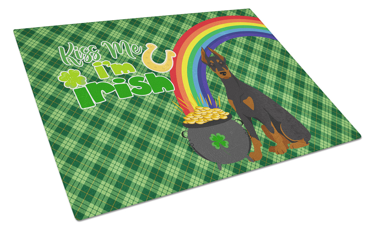Buy this Black and Tan Doberman Pinscher St. Patrick&#39;s Day Glass Cutting Board Large
