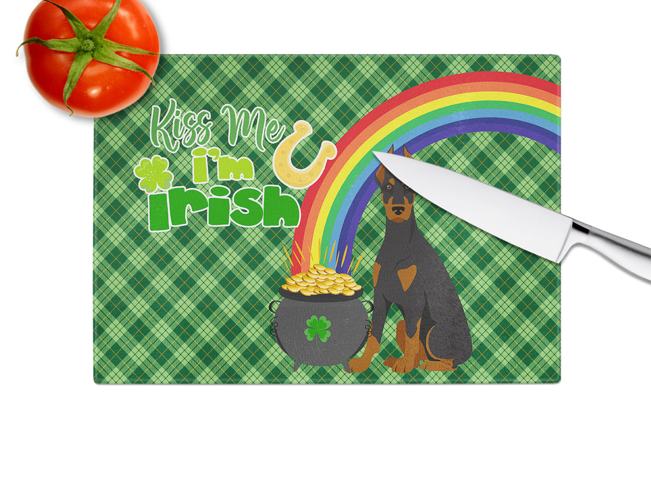 Black and Tan Doberman Pinscher St. Patrick's Day Glass Cutting Board Large - the-store.com