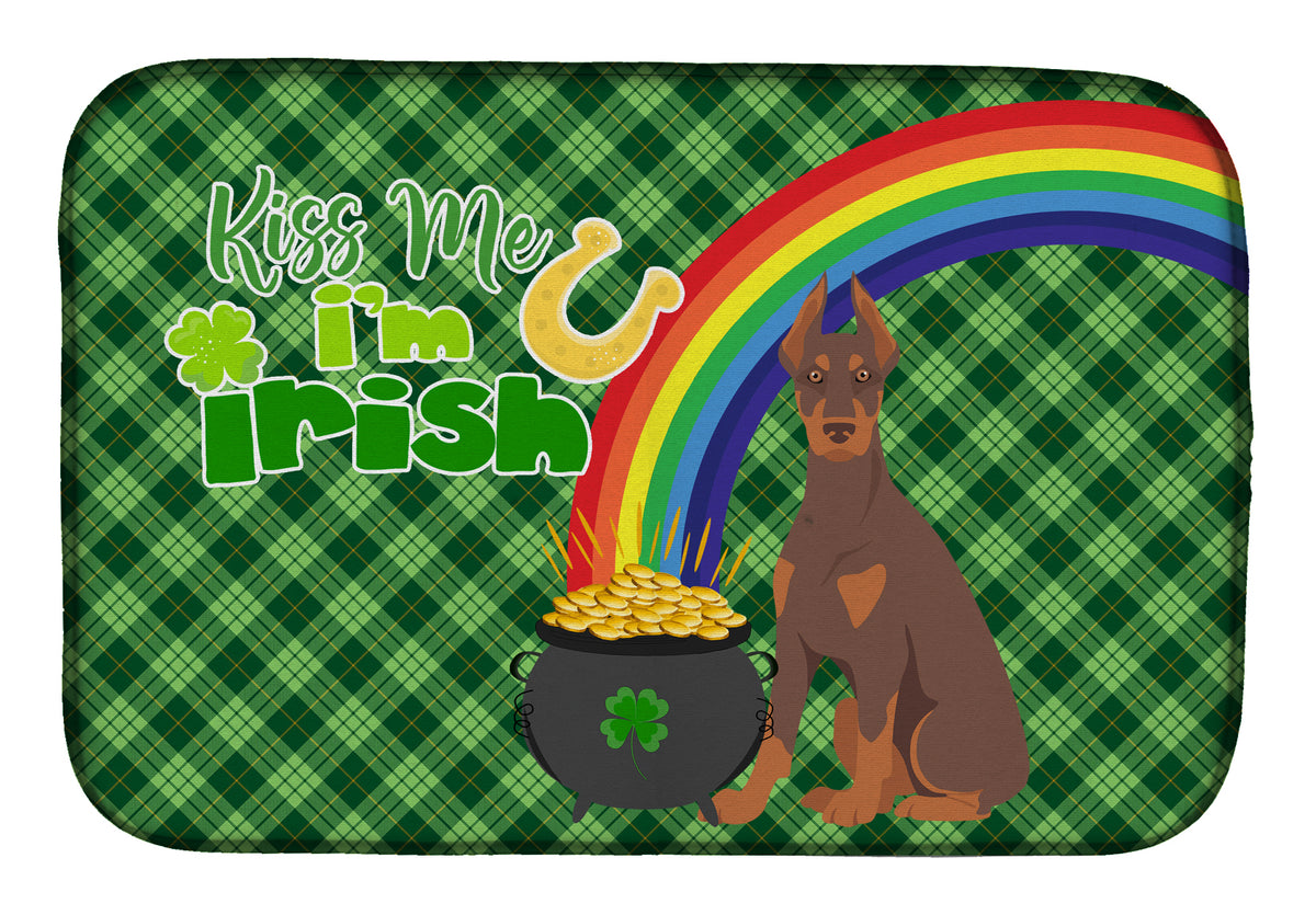 Red and Tan Doberman Pinscher St. Patrick&#39;s Day Dish Drying Mat