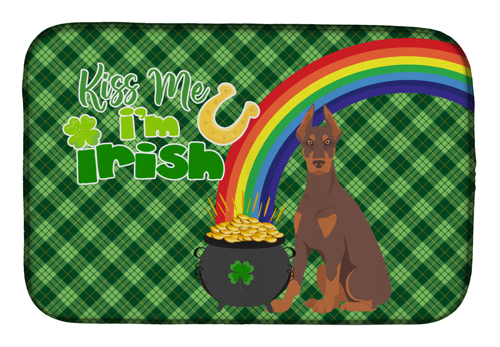 Red and Tan Doberman Pinscher St. Patrick's Day Dish Drying Mat  the-store.com.