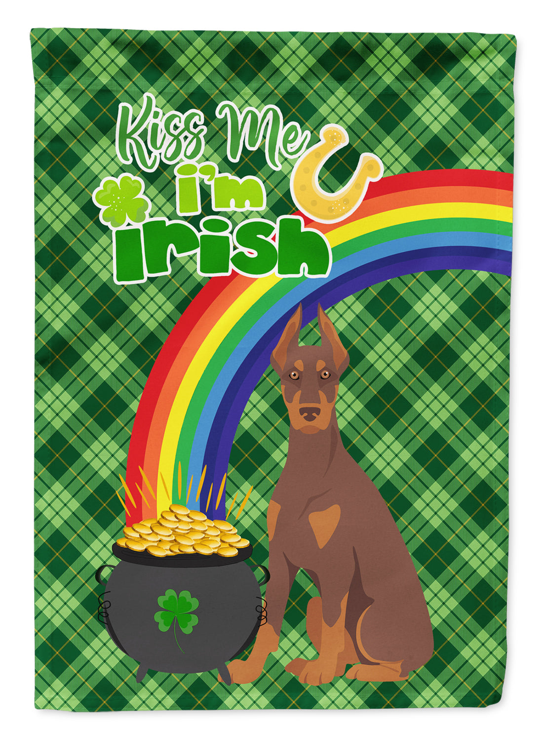 Red and Tan Doberman Pinscher St. Patrick's Day Flag Garden Size  the-store.com.
