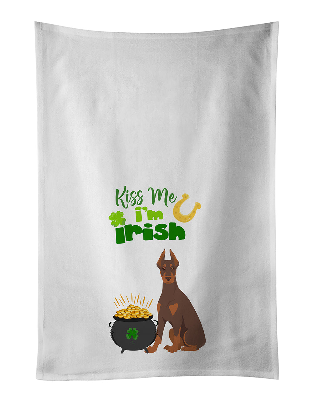 Buy this Red and Tan Doberman Pinscher St. Patrick&#39;s Day White Kitchen Towel Set of 2 Dish Towels