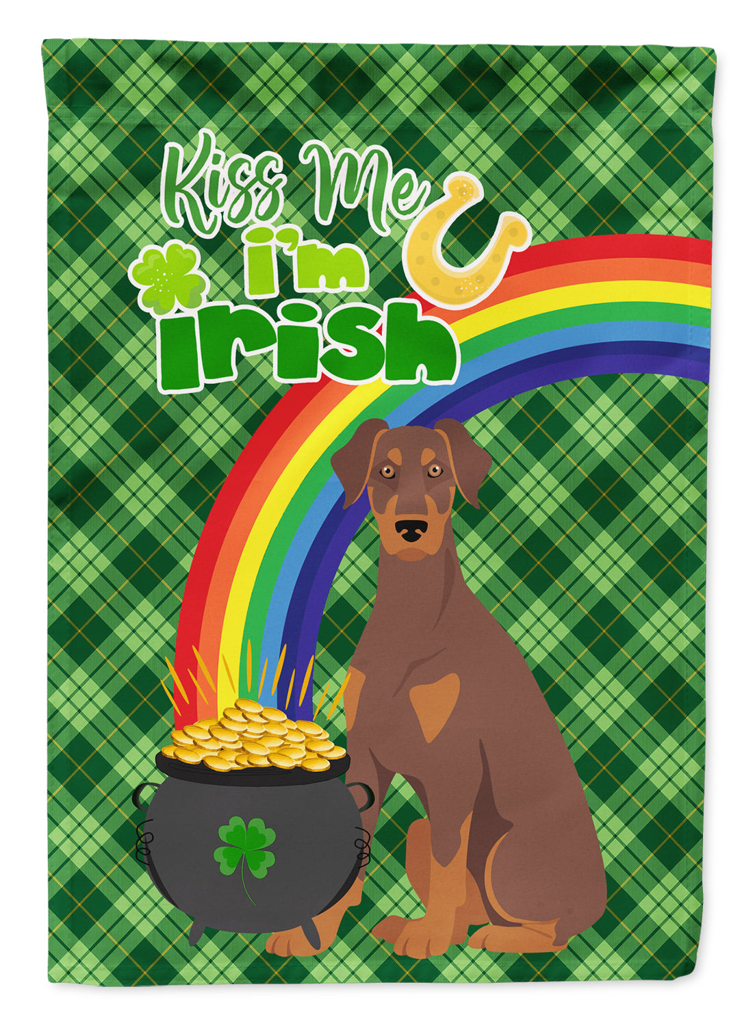 Natural Ear Red and Tan Doberman Pinscher St. Patrick&#39;s Day Flag Garden Size  the-store.com.