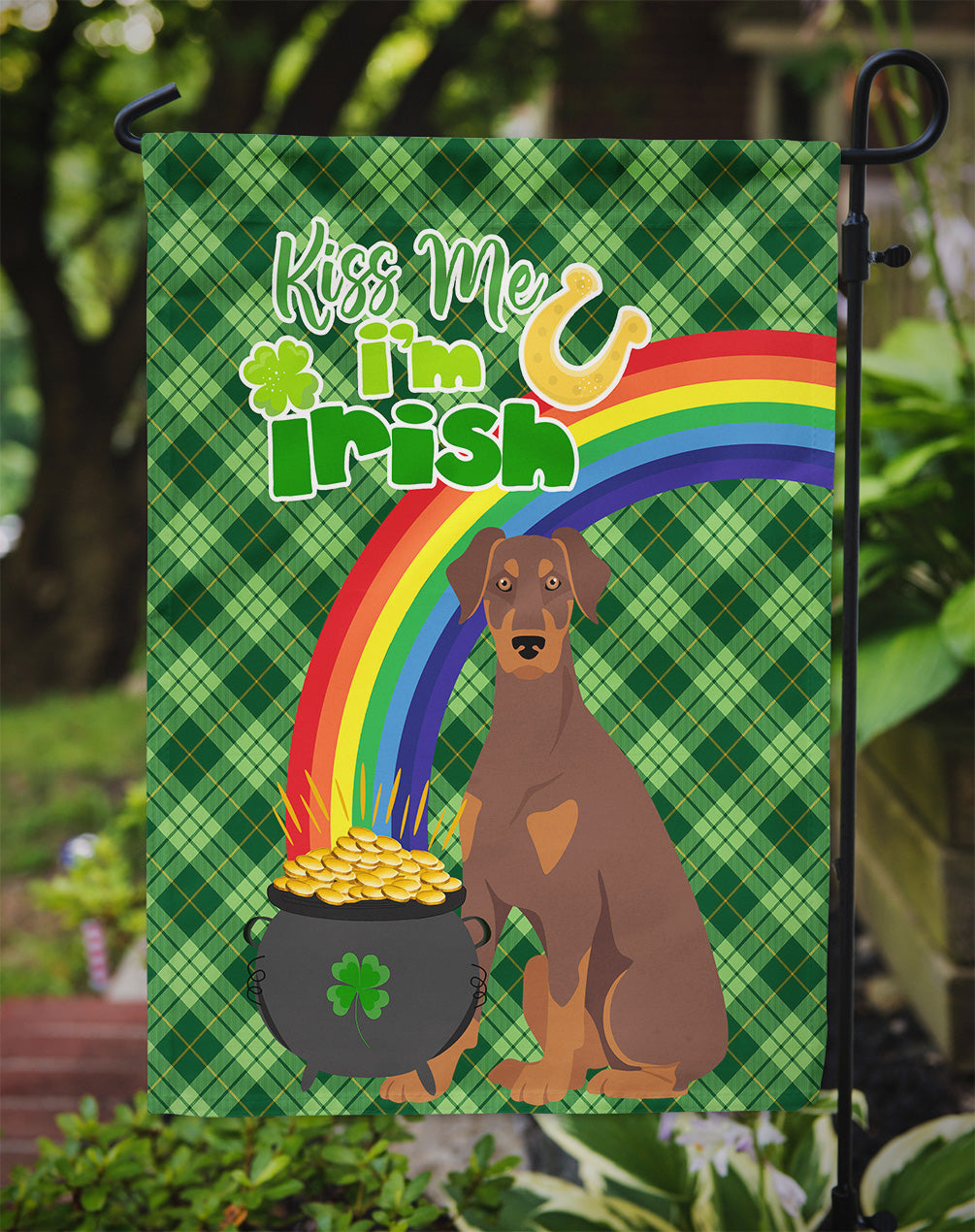 Natural Ear Red and Tan Doberman Pinscher St. Patrick's Day Flag Garden Size  the-store.com.
