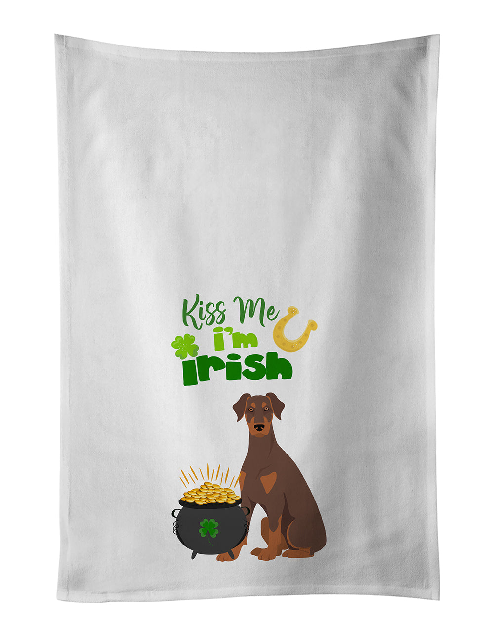 Buy this Natural Ear Red and Tan Doberman Pinscher St. Patrick&#39;s Day White Kitchen Towel Set of 2 Dish Towels