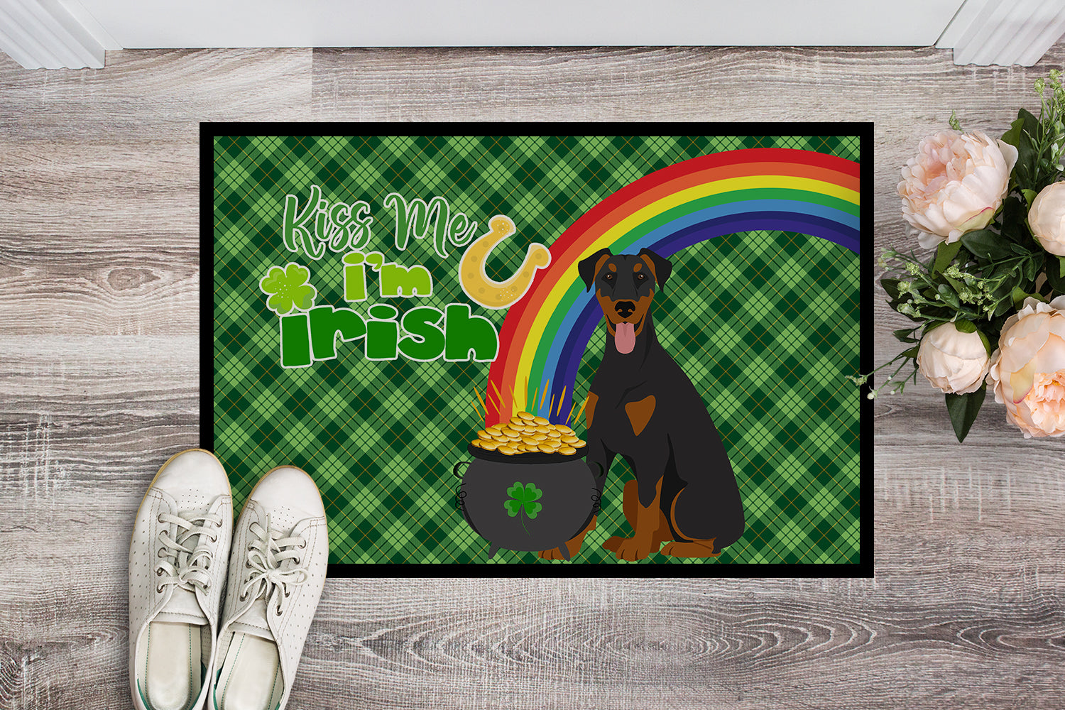 Buy this Natural Ear Black and Tan Doberman Pinscher St. Patrick's Day Indoor or Outdoor Mat 24x36