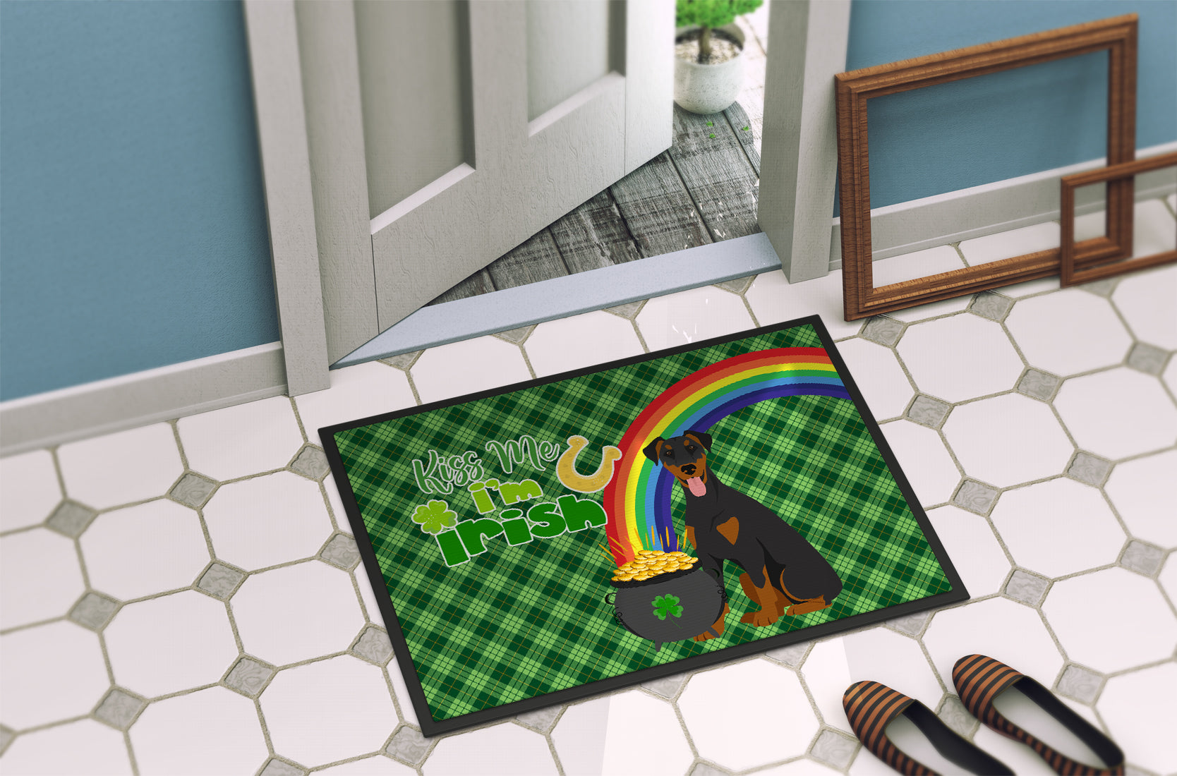 Natural Ear Black and Tan Doberman Pinscher St. Patrick's Day Indoor or Outdoor Mat 24x36 - the-store.com