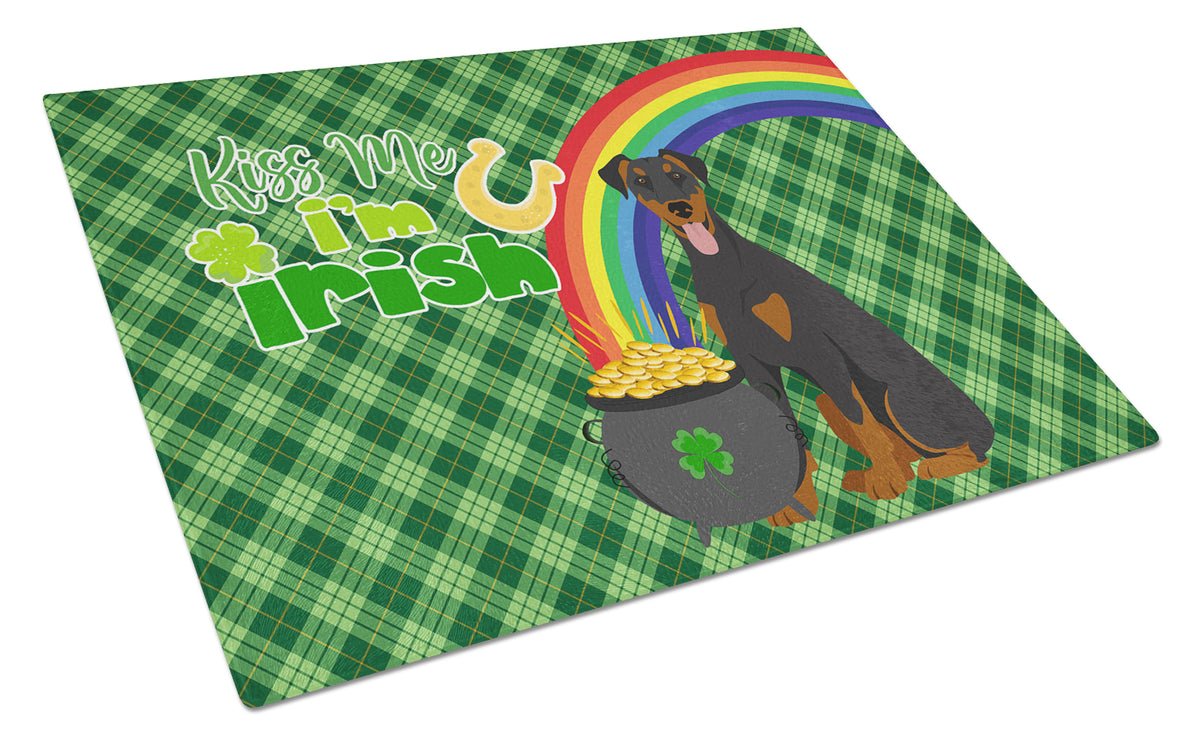Buy this Natural Ear Black and Tan Doberman Pinscher St. Patrick&#39;s Day Glass Cutting Board Large