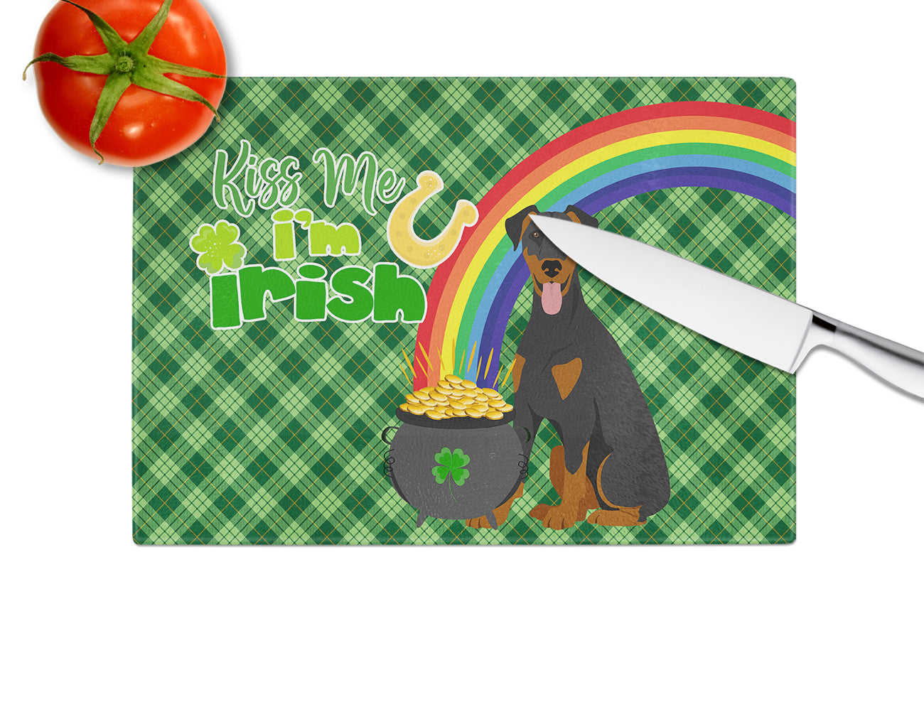 Natural Ear Black and Tan Doberman Pinscher St. Patrick's Day Glass Cutting Board Large - the-store.com