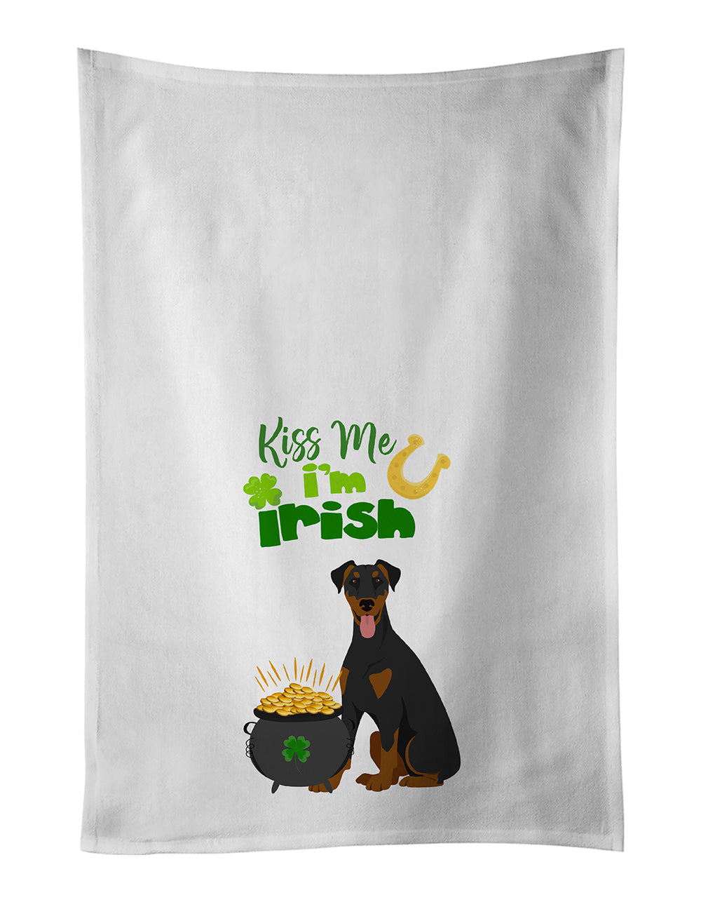 Buy this Natural Ear Black and Tan Doberman Pinscher St. Patrick&#39;s Day White Kitchen Towel Set of 2 Dish Towels
