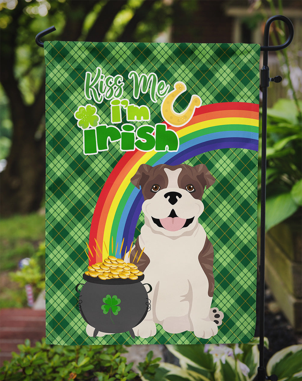 Brindle English Bulldog St. Patrick's Day Flag Garden Size