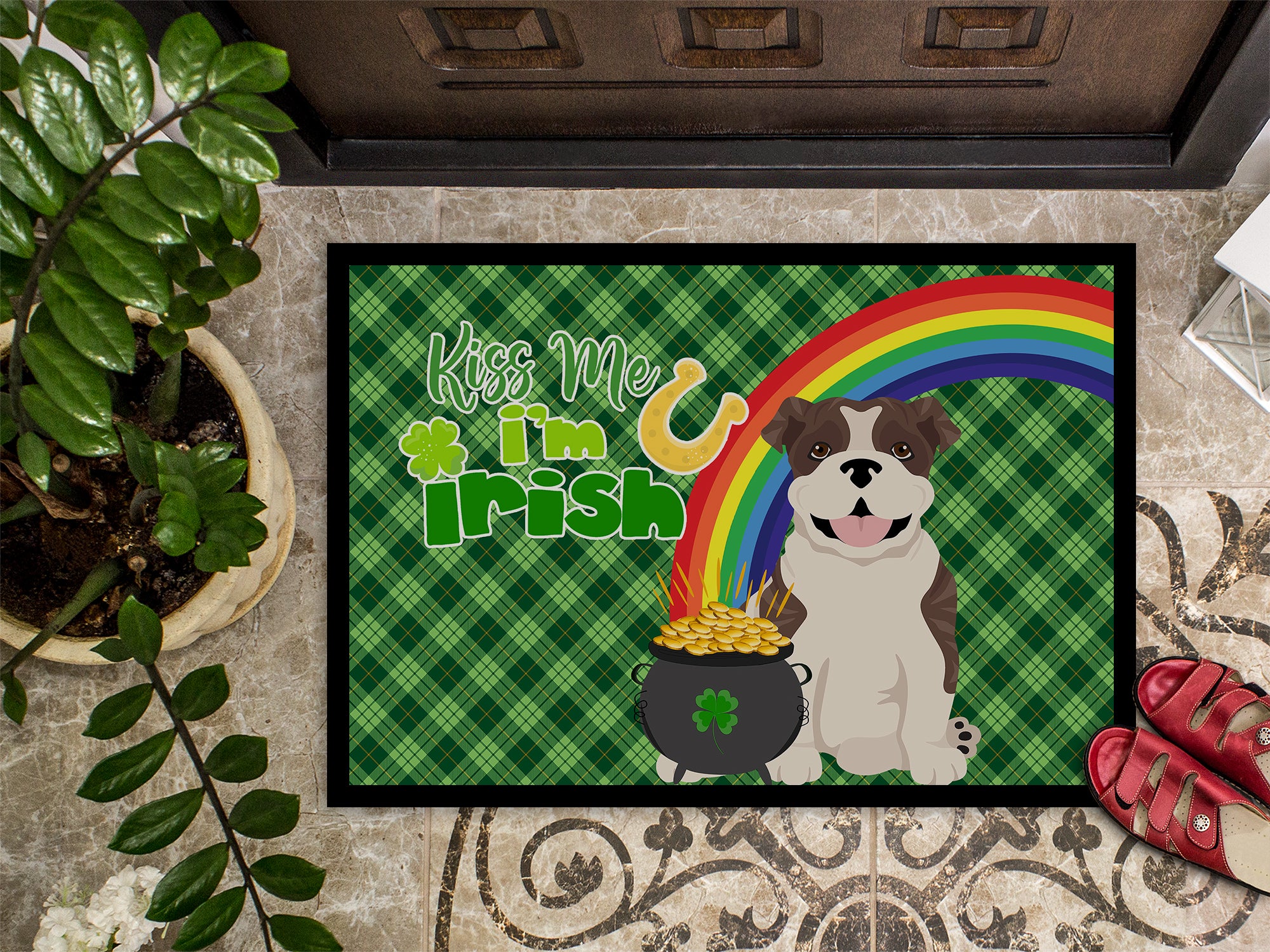 Brindle English Bulldog St. Patrick's Day Indoor or Outdoor Mat 24x36 - the-store.com
