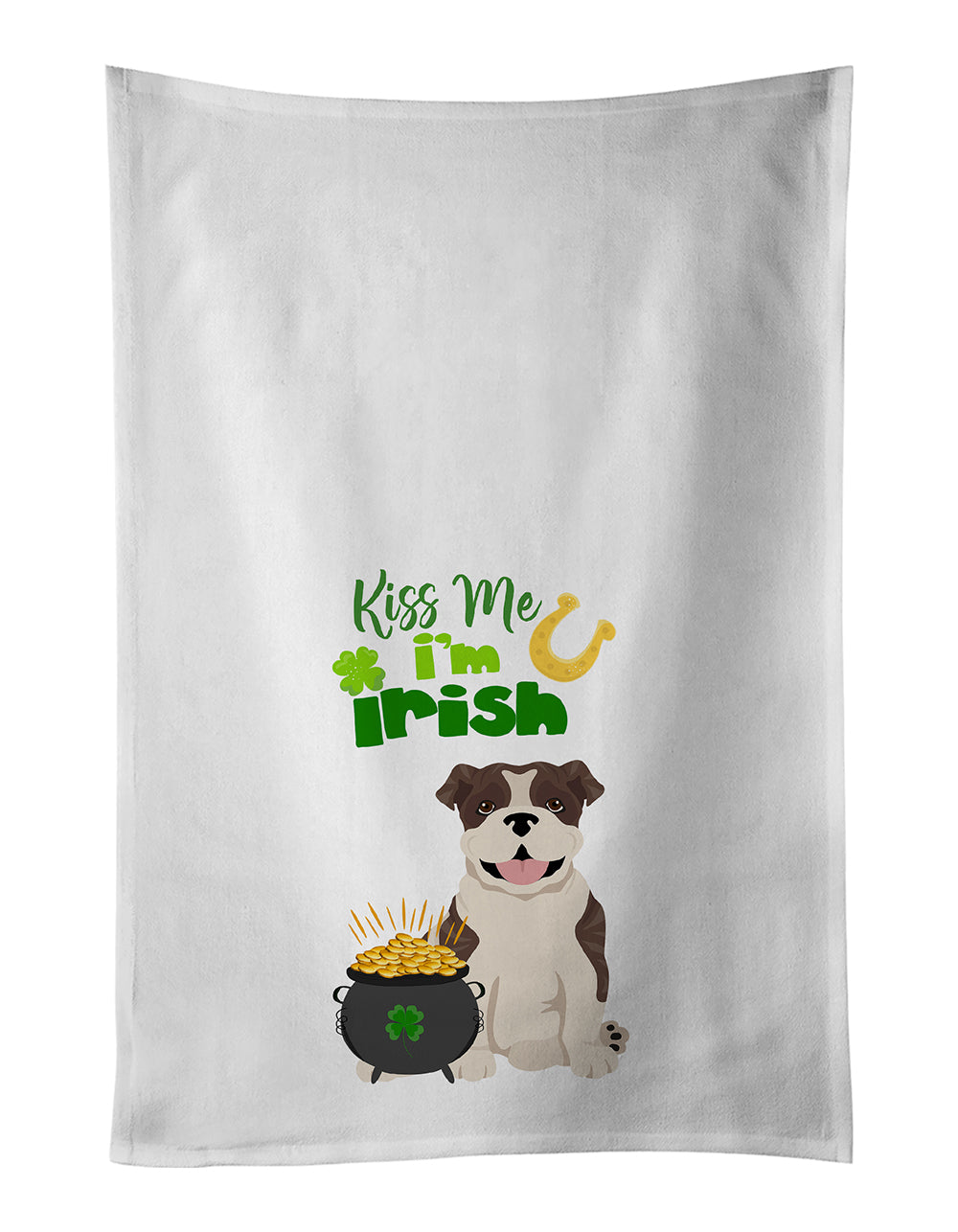 Buy this Brindle English Bulldog St. Patrick&#39;s Day White Kitchen Towel Set of 2 Dish Towels