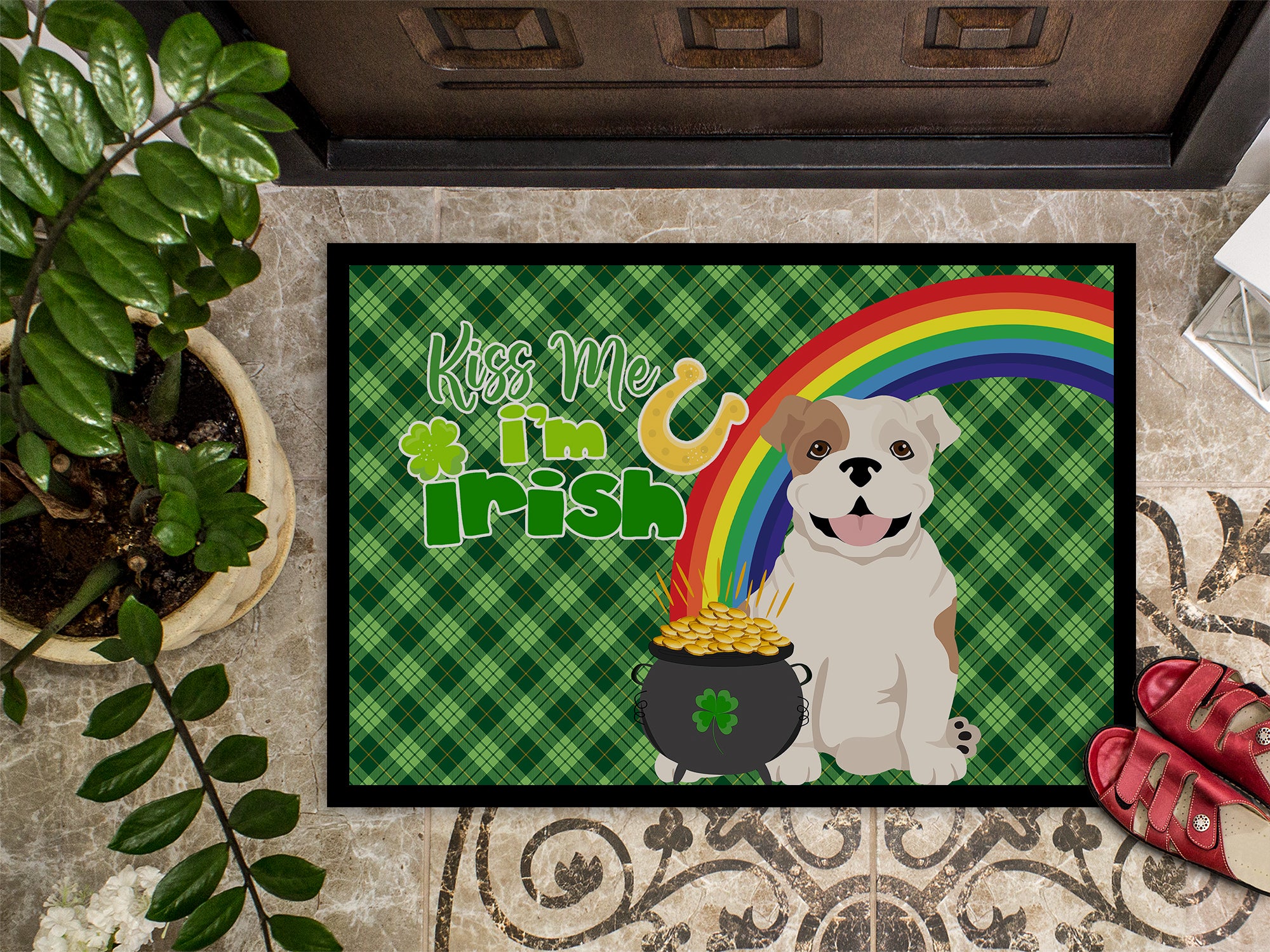 Piebald English Bulldog St. Patrick's Day Indoor or Outdoor Mat 24x36 - the-store.com