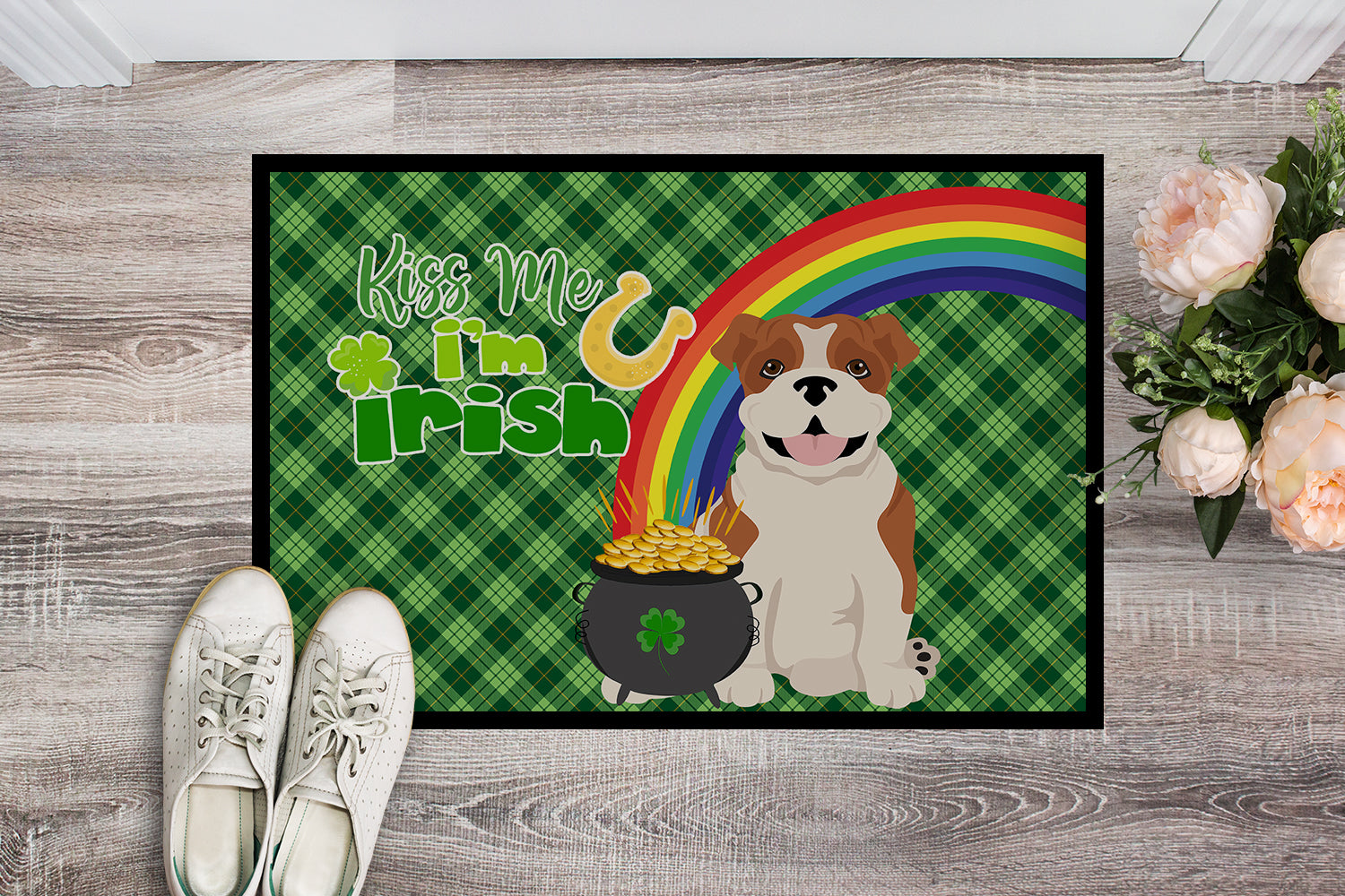 Buy this Red English Bulldog St. Patrick's Day Indoor or Outdoor Mat 24x36