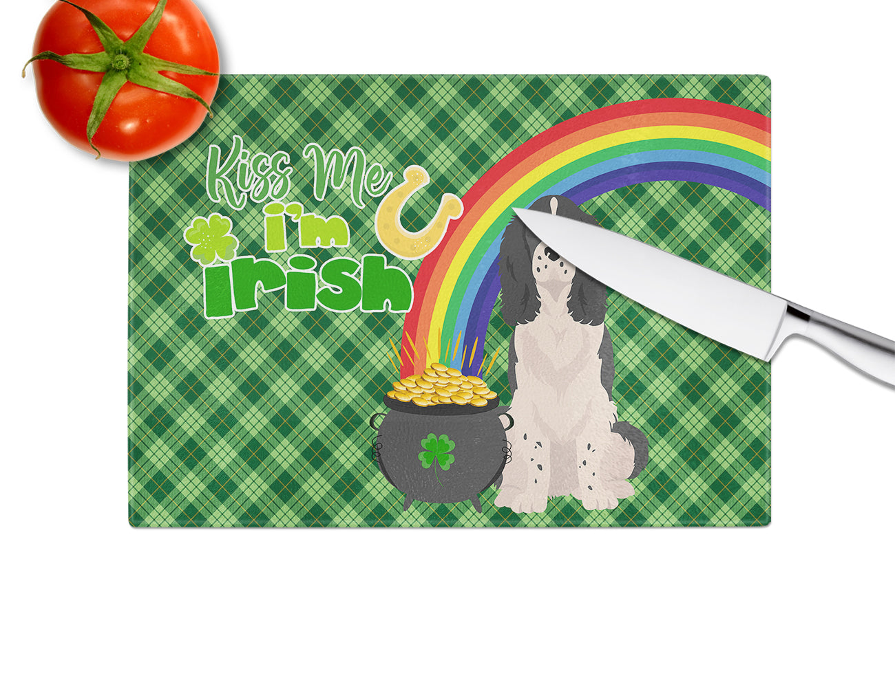 Black English Springer Spaniel St. Patrick's Day Glass Cutting Board Large - the-store.com
