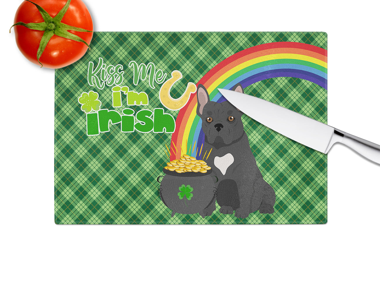 Black French Bulldog St. Patrick's Day Glass Cutting Board Large - the-store.com