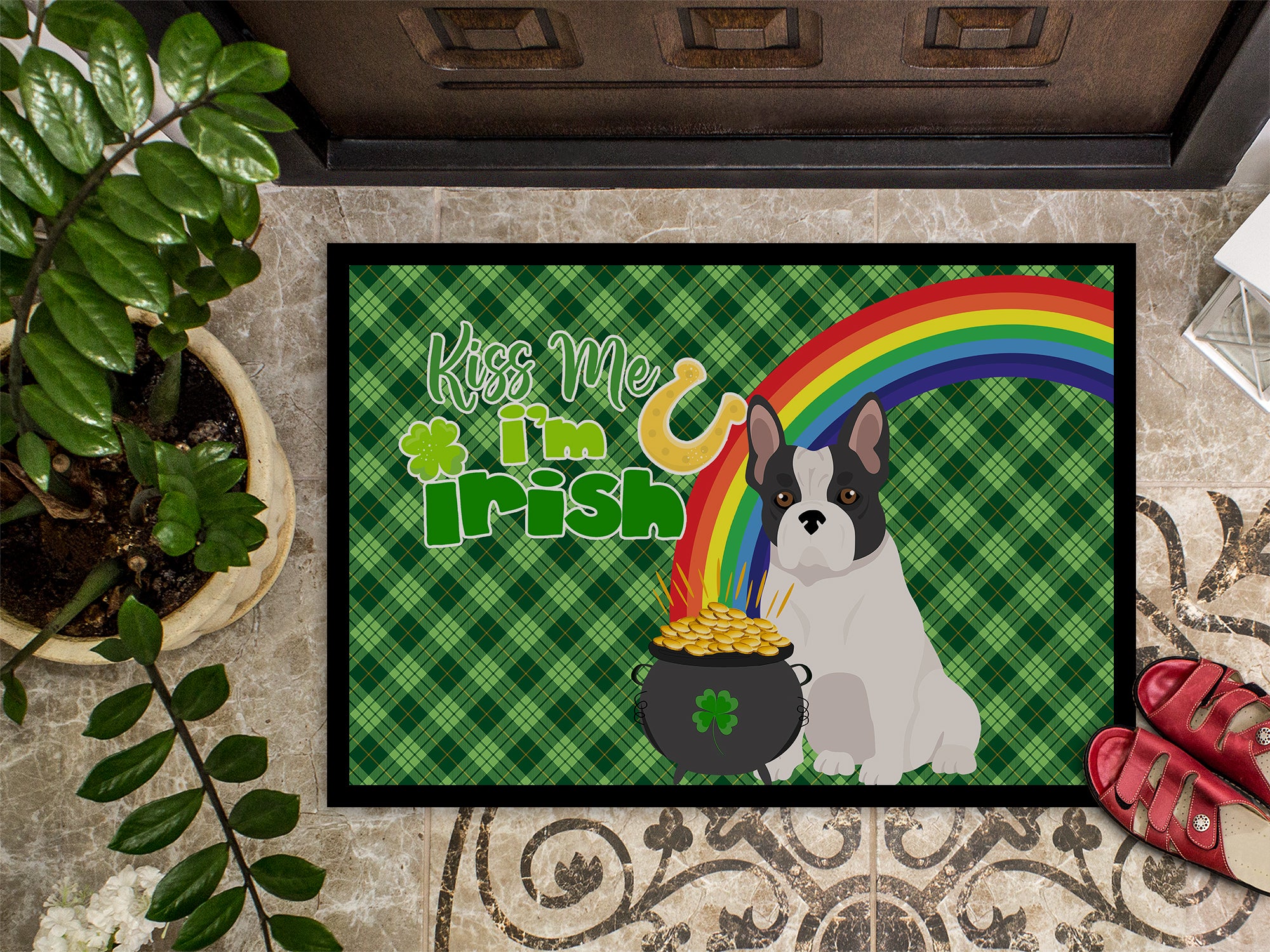 Black and White French Bulldog St. Patrick's Day Indoor or Outdoor Mat 24x36 - the-store.com
