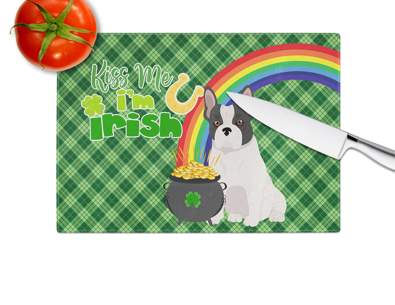 Black and White French Bulldog St. Patrick's Day Glass Cutting Board Large - the-store.com