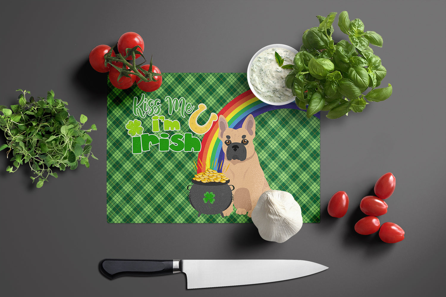 Fawn French Bulldog St. Patrick's Day Glass Cutting Board Large - the-store.com