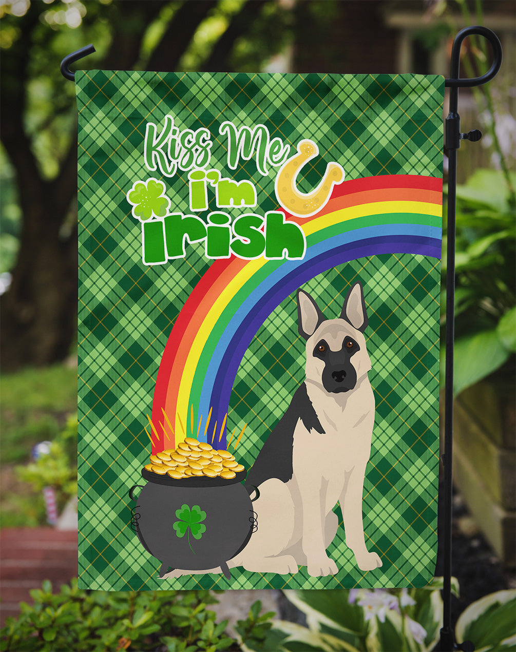 Black and Silver German Shepherd St. Patrick's Day Flag Garden Size  the-store.com.