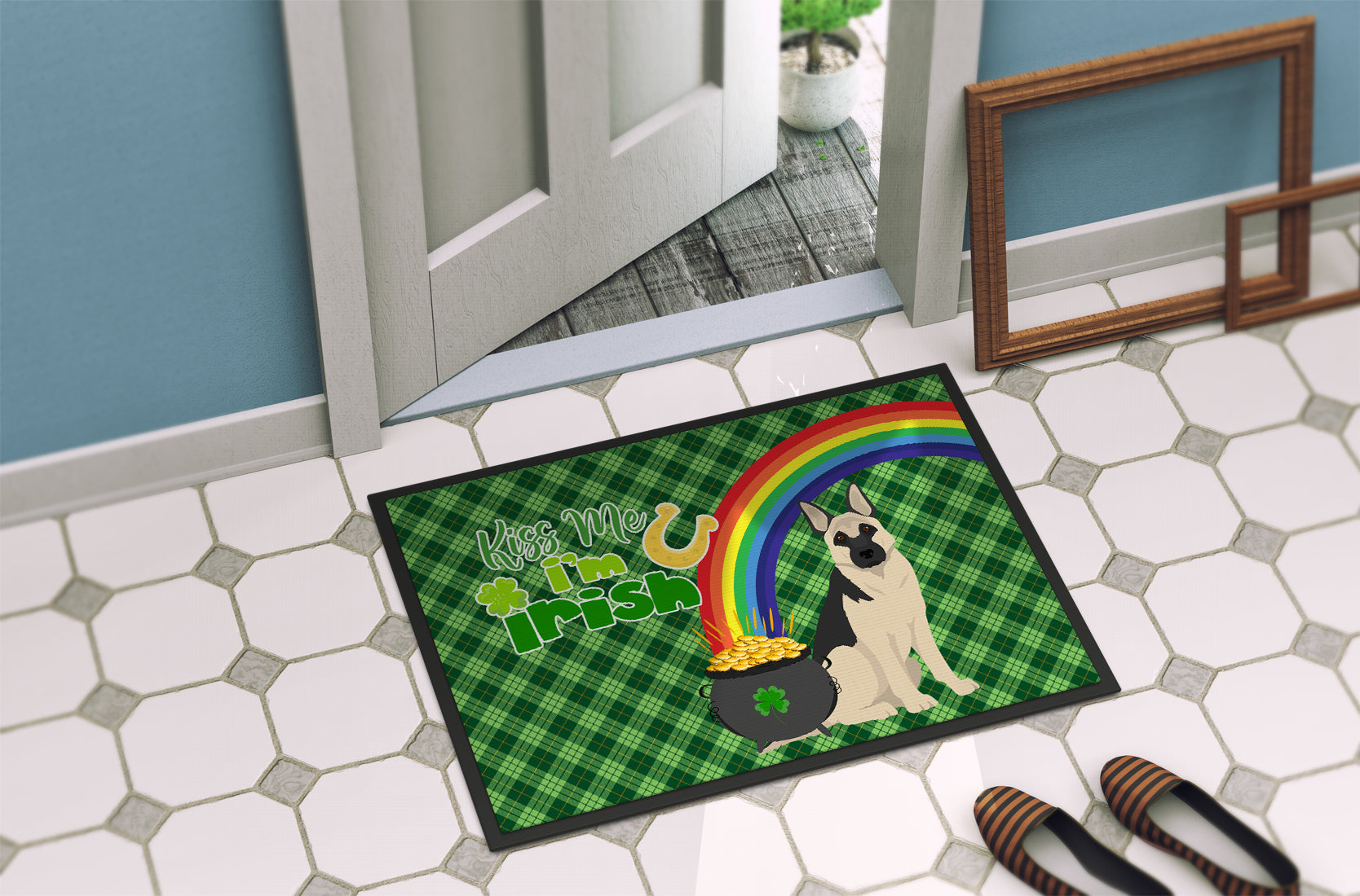Black and Silver German Shepherd St. Patrick's Day Indoor or Outdoor Mat 24x36 - the-store.com