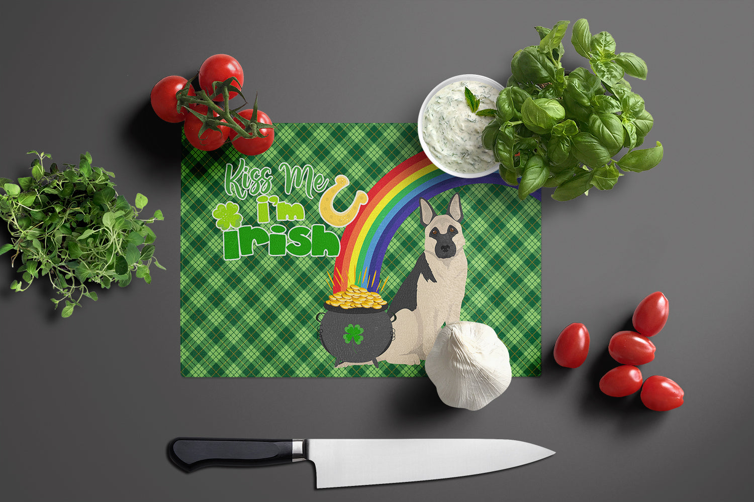 Black and Silver German Shepherd St. Patrick's Day Glass Cutting Board Large - the-store.com