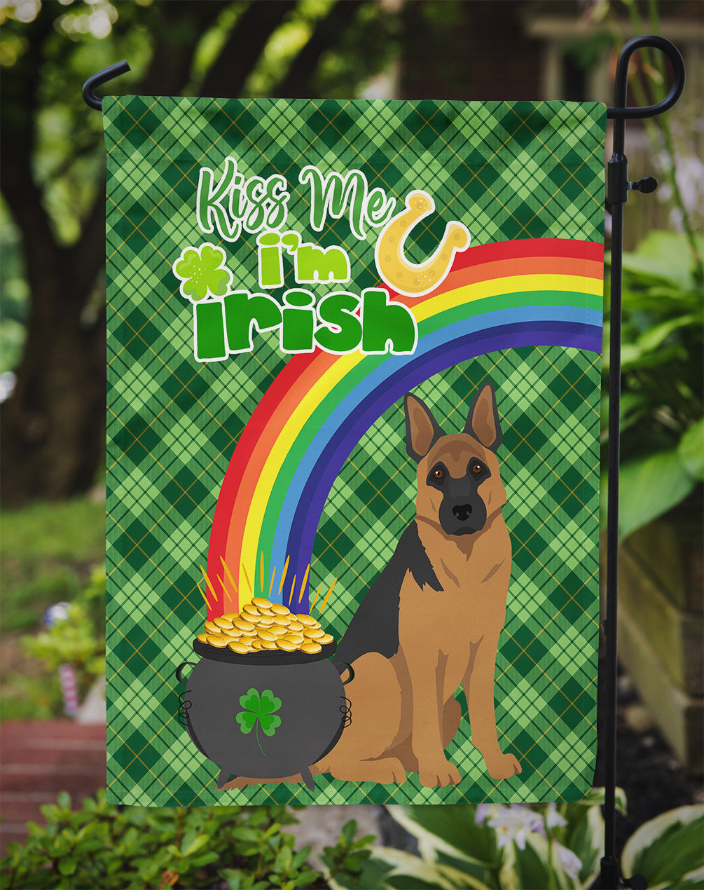 Black and Tan German Shepherd St. Patrick's Day Flag Garden Size  the-store.com.